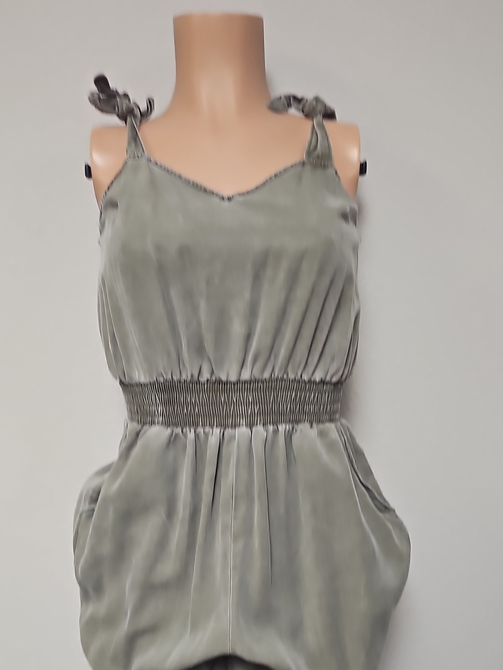 Express Sage Green Velvet Tie-Shoulder Chemise with Smocked Waist